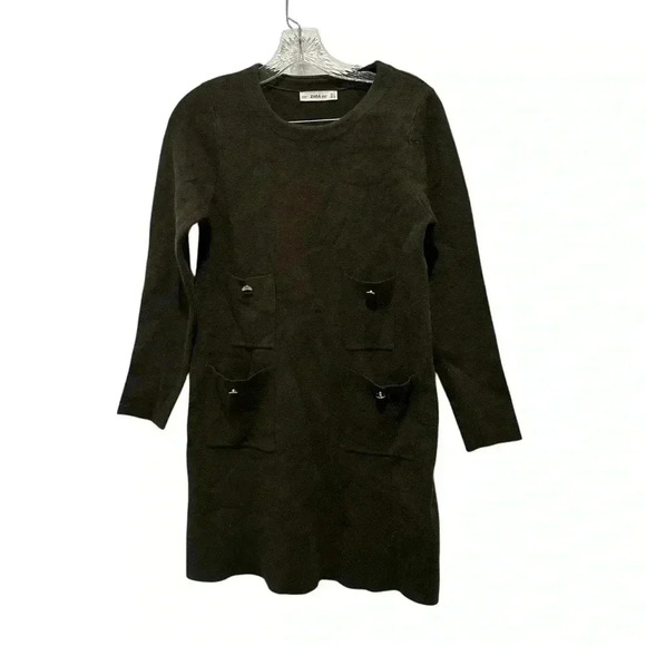 Zara Green Sweater Dress Pocket Gold Button - Picture 1 of 4